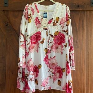 New Entro Boutique White/Pink Floral Tunic Dress Size S